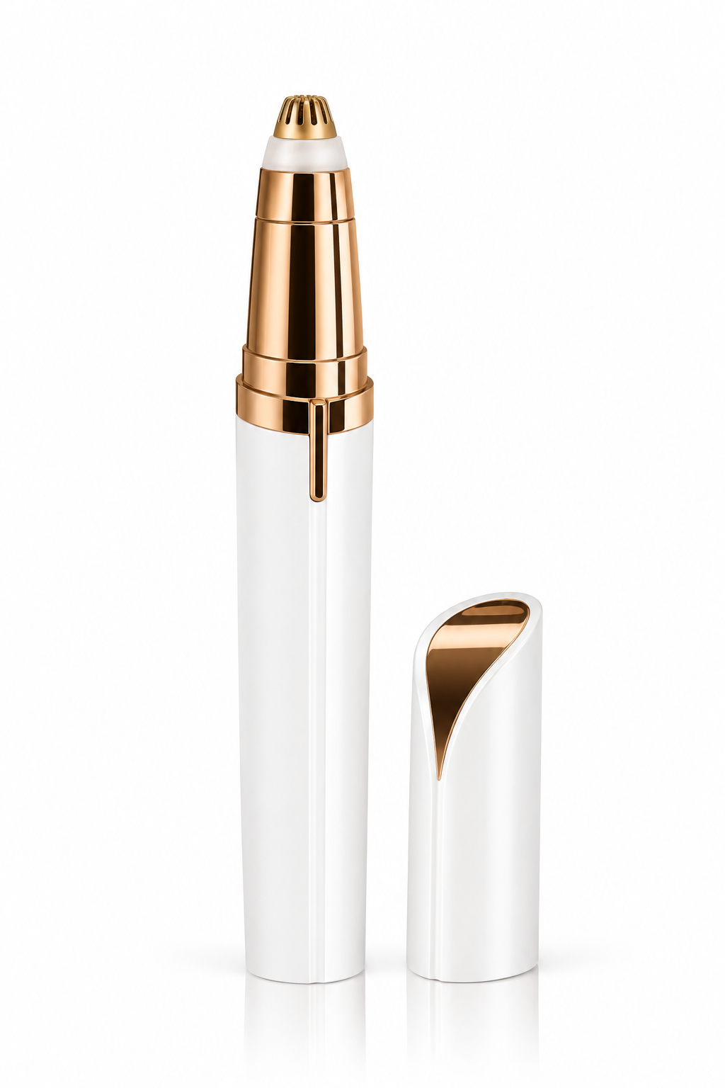 Wingman precision groomer in white with gold detailing, cap alongside
